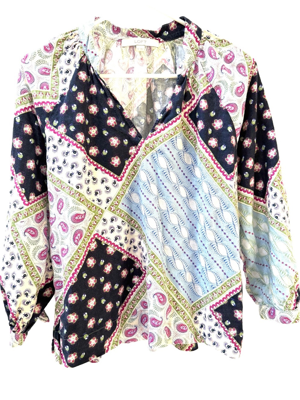 LOFT Linen Blend Patchwork Print Peasant Blouse - Size S
